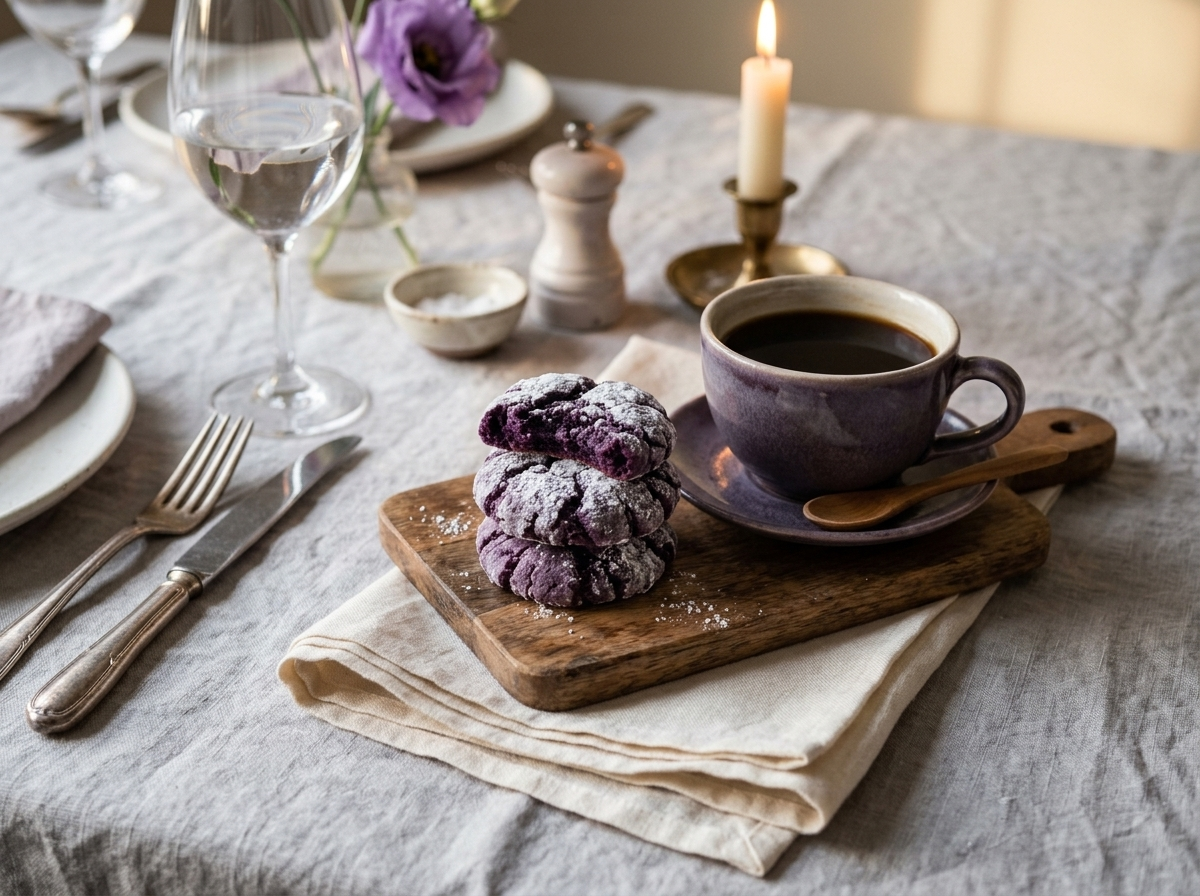 Stack of ube crinkle cookies broken open to show fudgy purple interior, served with black coffee