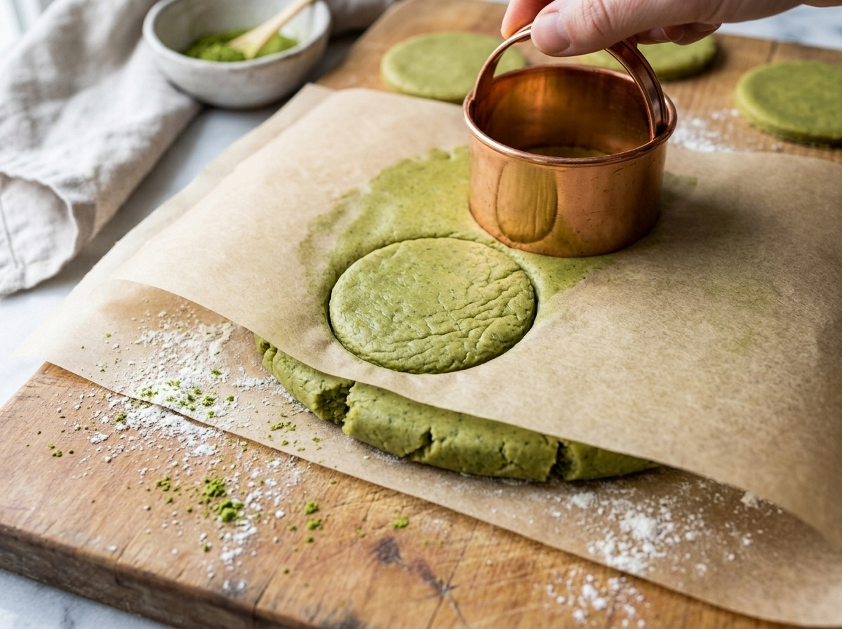 Vivid green matcha cookie dough being rolled out on parchment with a round cookie cutter pressed in