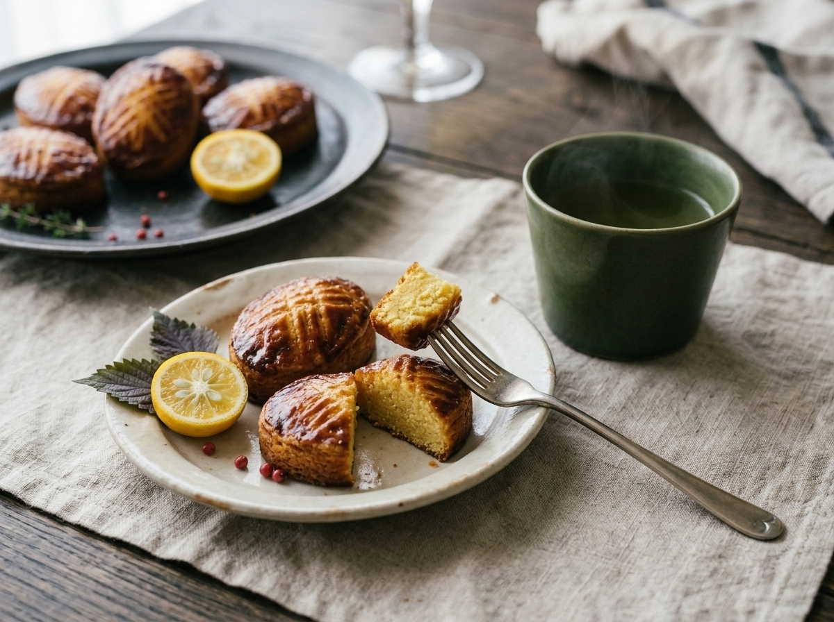 Two Japanese sweet potato cakes on a white plate served alongside a ceramic cup of green tea on a linen cloth