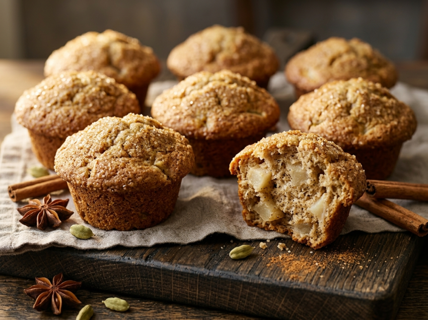 Golden chai pear muffins with domed tops and demerara sugar crust on a dark wooden board, one split open