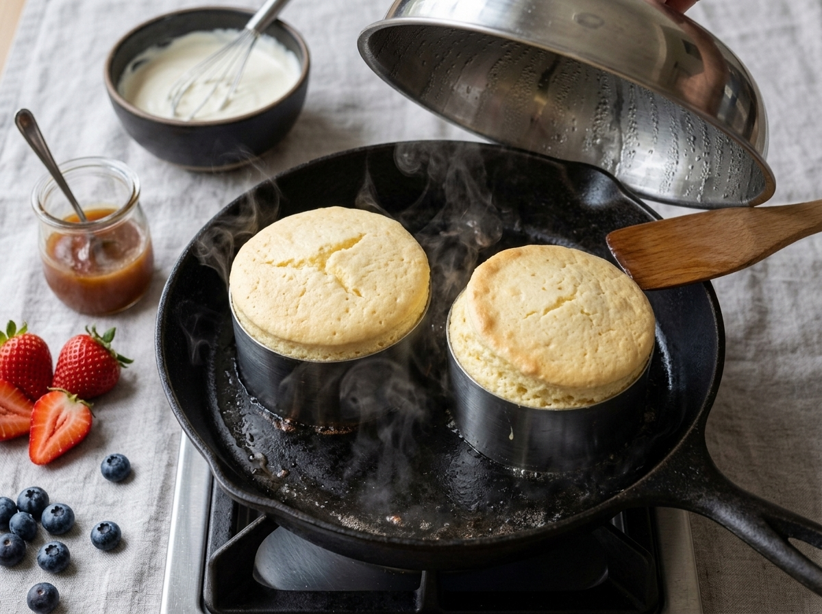 Japanese soufflé pancake batter cooking inside ring molds in a nonstick pan with steam rising under the lid