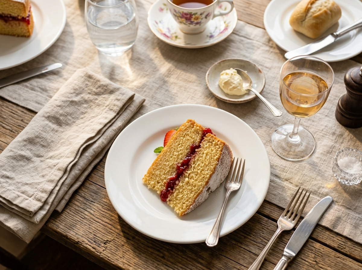 Single slice of jam sponge cake on a white plate with a cup of tea alongside