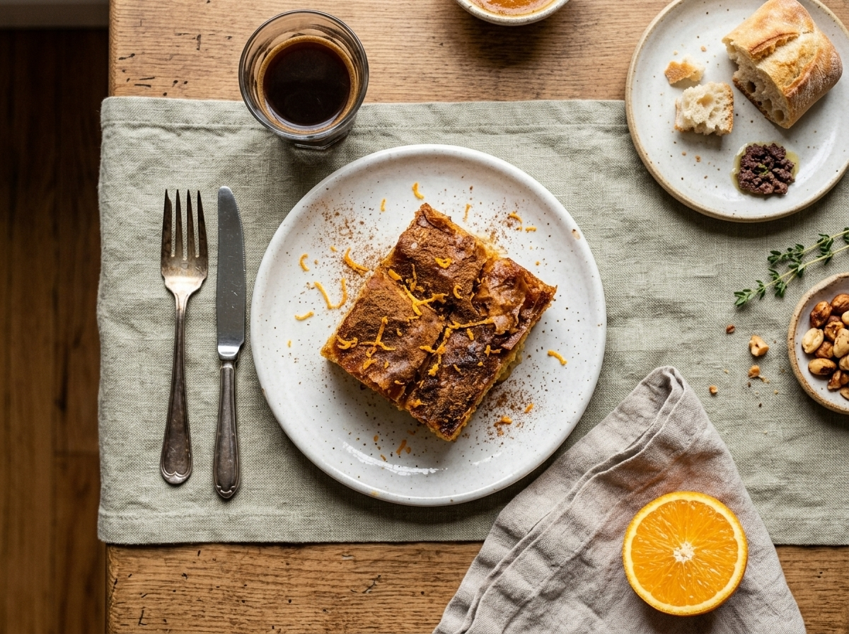 Two slices of portokalopita served on a linen table with Greek coffee and a halved fresh orange