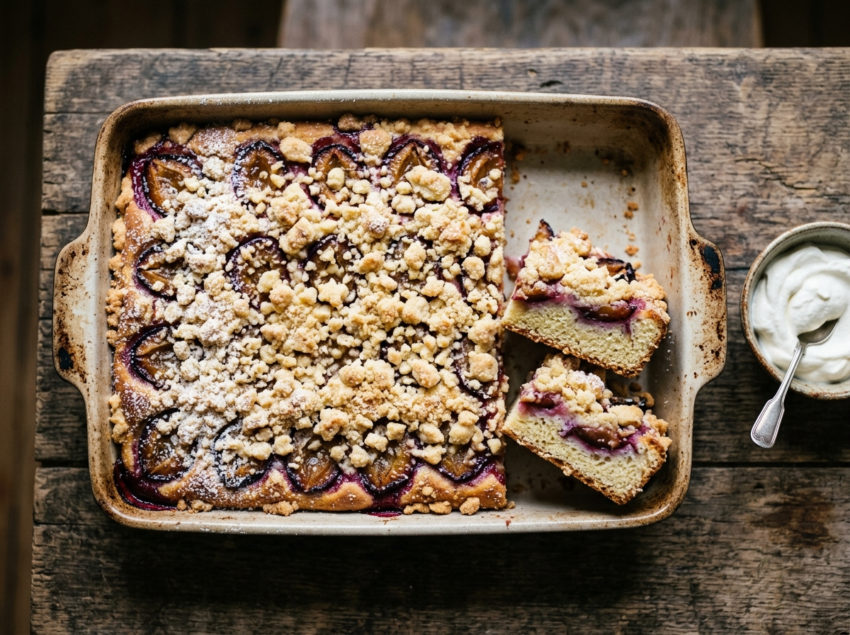 German plum streusel cake in a baking pan with golden crumble topping and rows of caramelized purple plums