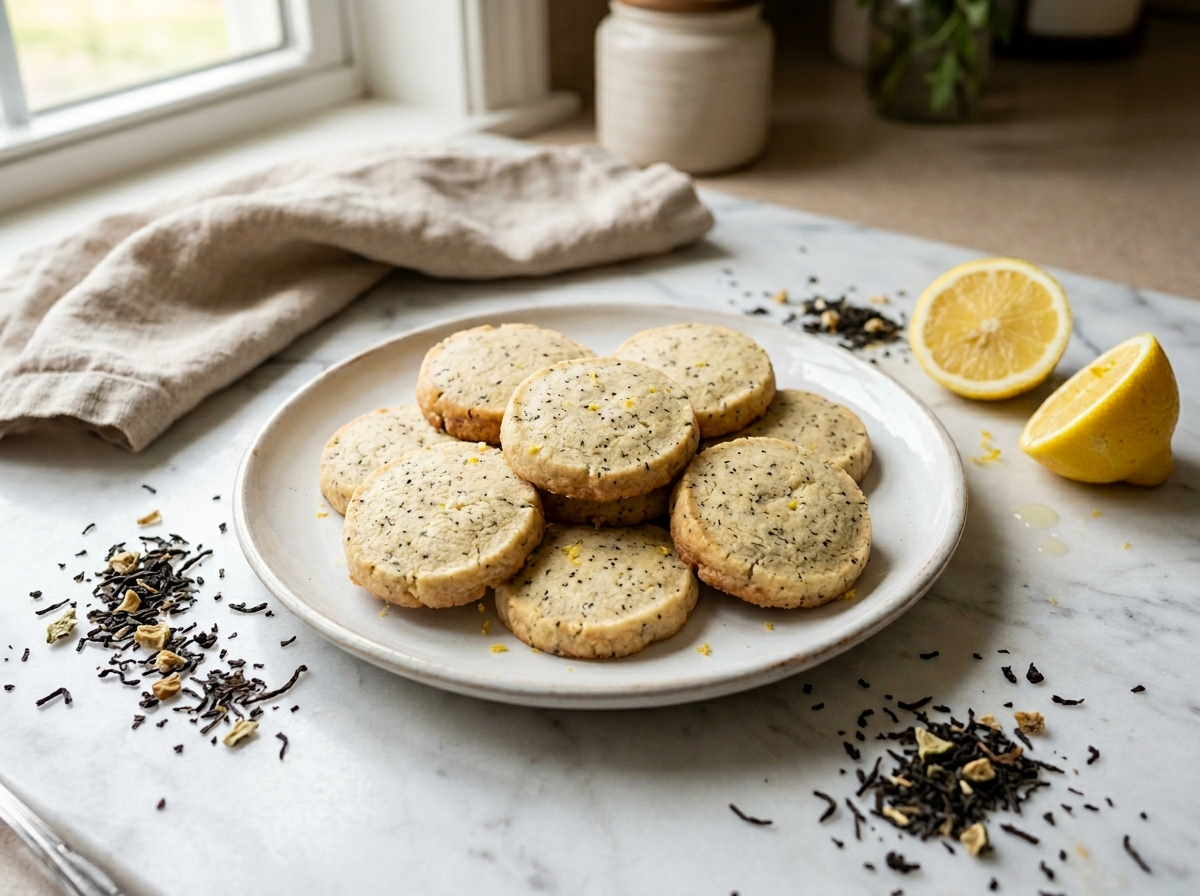 Overhead view of pale golden Earl Grey shortbread cookies on a white plate with loose-leaf tea scattered around them