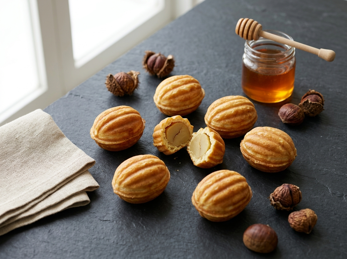 Golden Korean chestnut pastries with ridged shells on a dark slate board, one broken open showing smooth filling