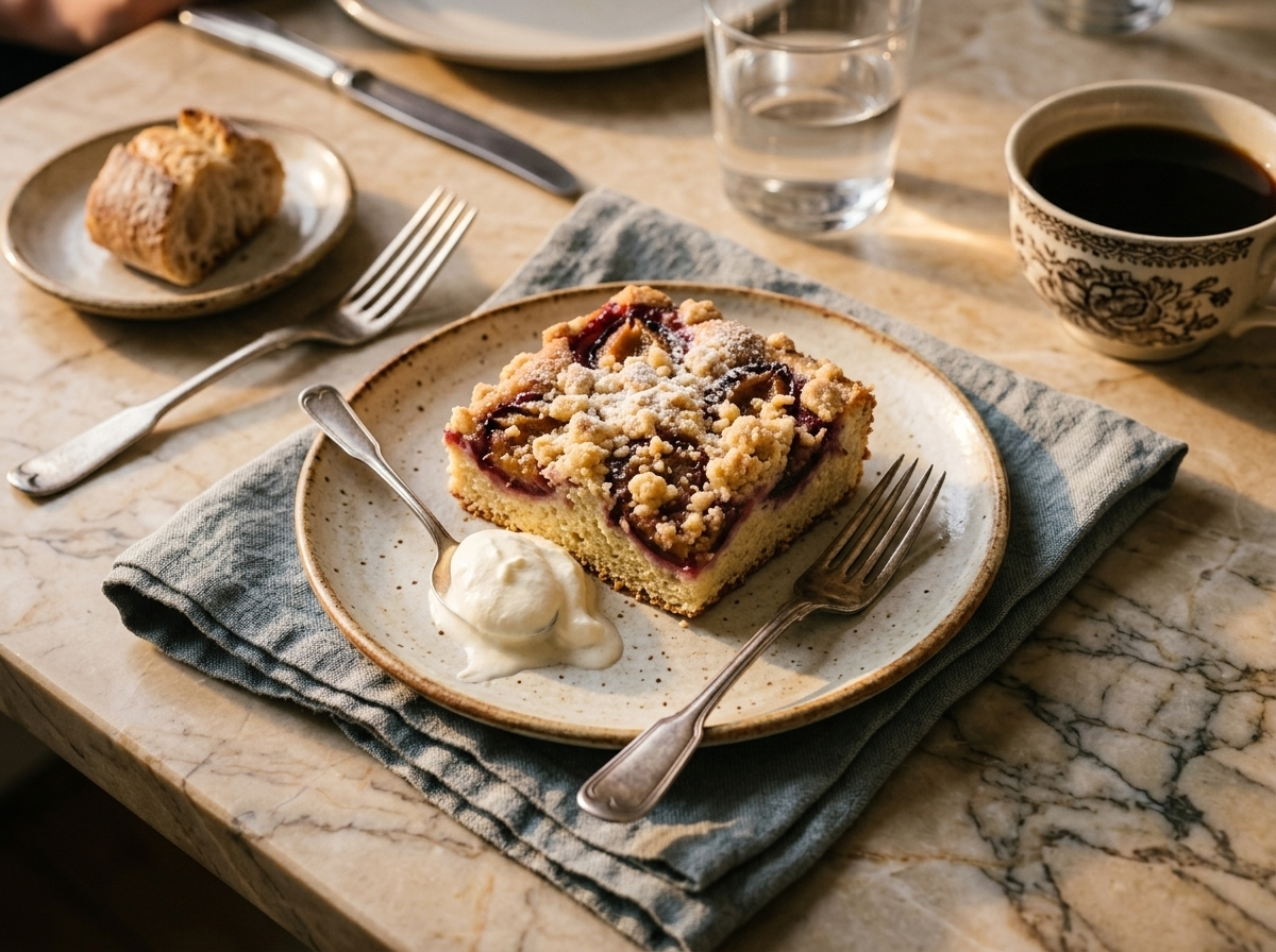 Single slice of Pflaumenkuchen mit Streusel on a white plate with a spoonful of creme fraiche and coffee