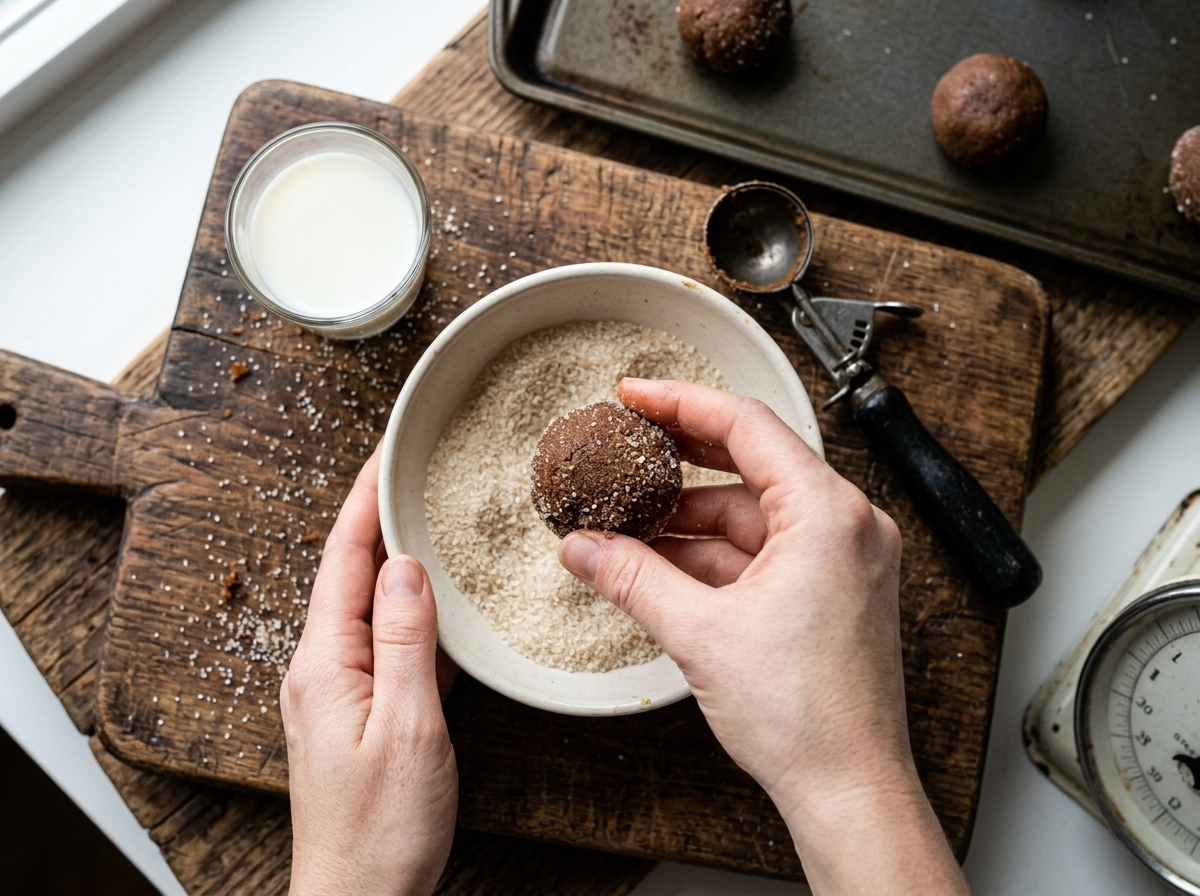 Rolling a dark molasses cookie dough ball in granulated sugar before baking, raw cookies on sheet pan in background