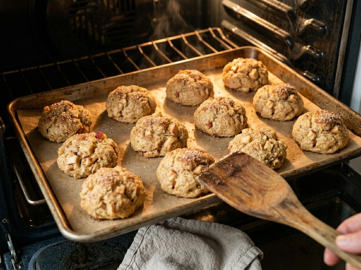 Ten apple cinnamon tea bun dough mounds on a parchment-lined baking sheet turning golden in the oven.