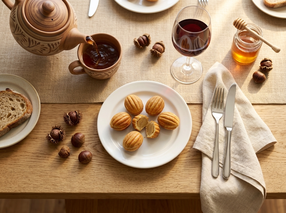 Korean chestnut pastries on a ceramic plate served alongside a clay cup of poured barley tea