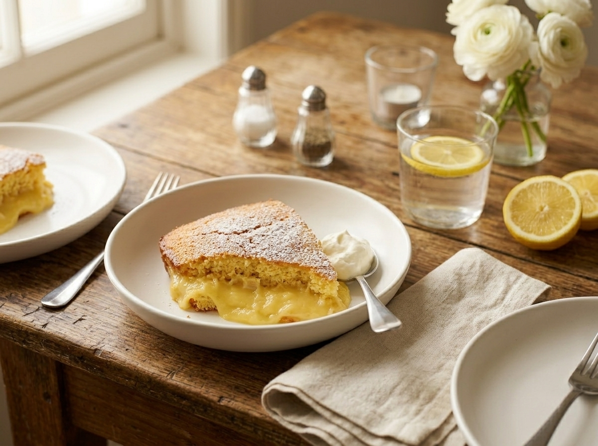 Single serving of warm lemon pudding cake in a shallow bowl showing sponge and custard layers