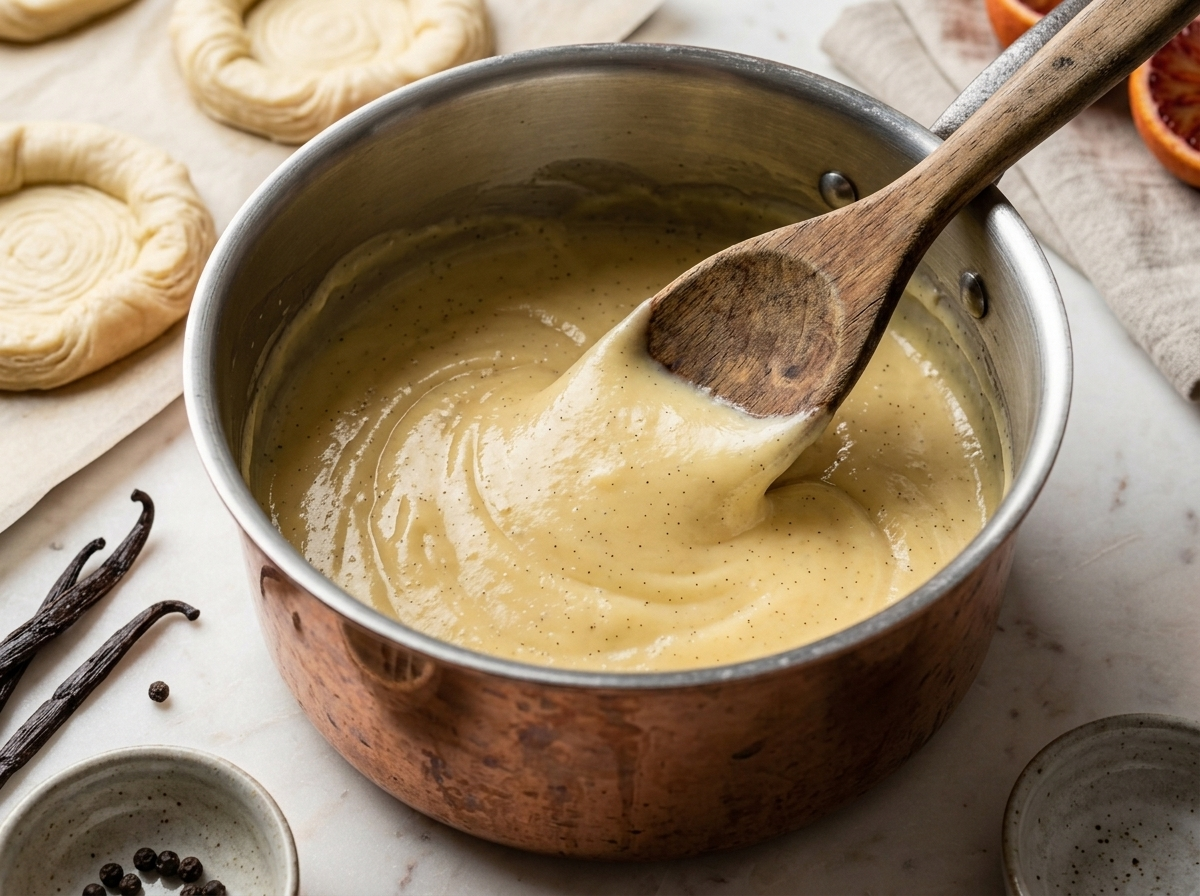 Spooning thick vanilla custard cream into the center of a shaped Danish pastry square before baking