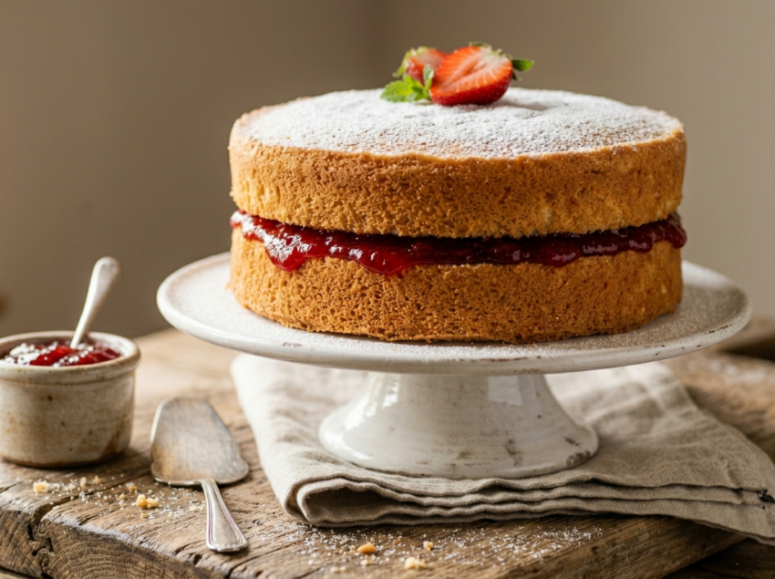 Old fashioned jam sponge cake on a cake stand with strawberry jam filling and caster sugar dusted top