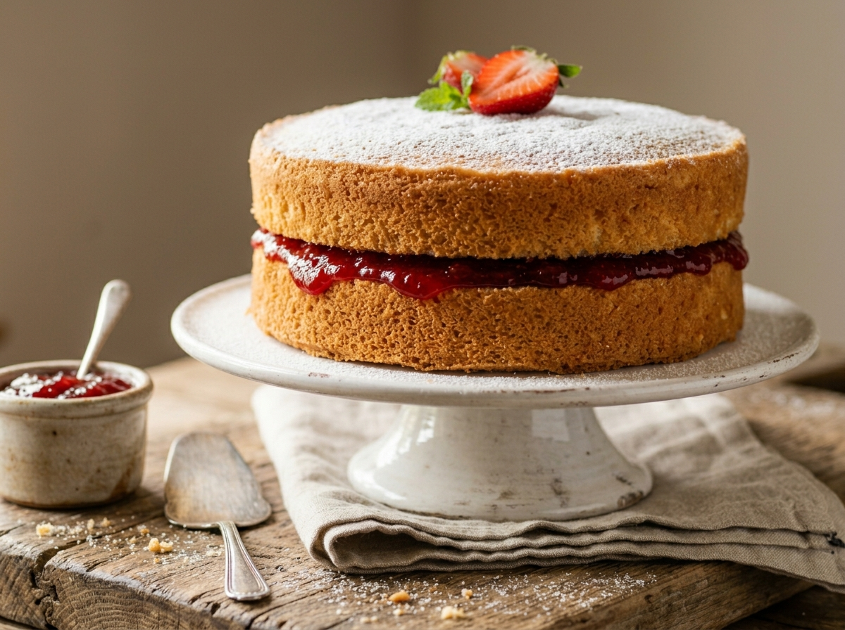 Old fashioned jam sponge cake on a cake stand with strawberry jam filling and caster sugar dusted top