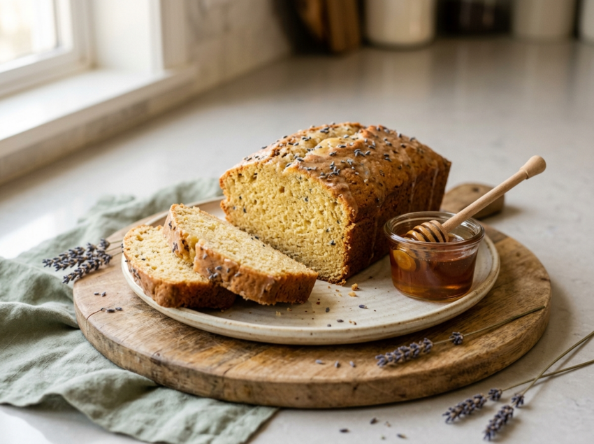 Honey lavender tea loaf on a wooden board with two slices showing soft golden crumb and dried lavender sprigs