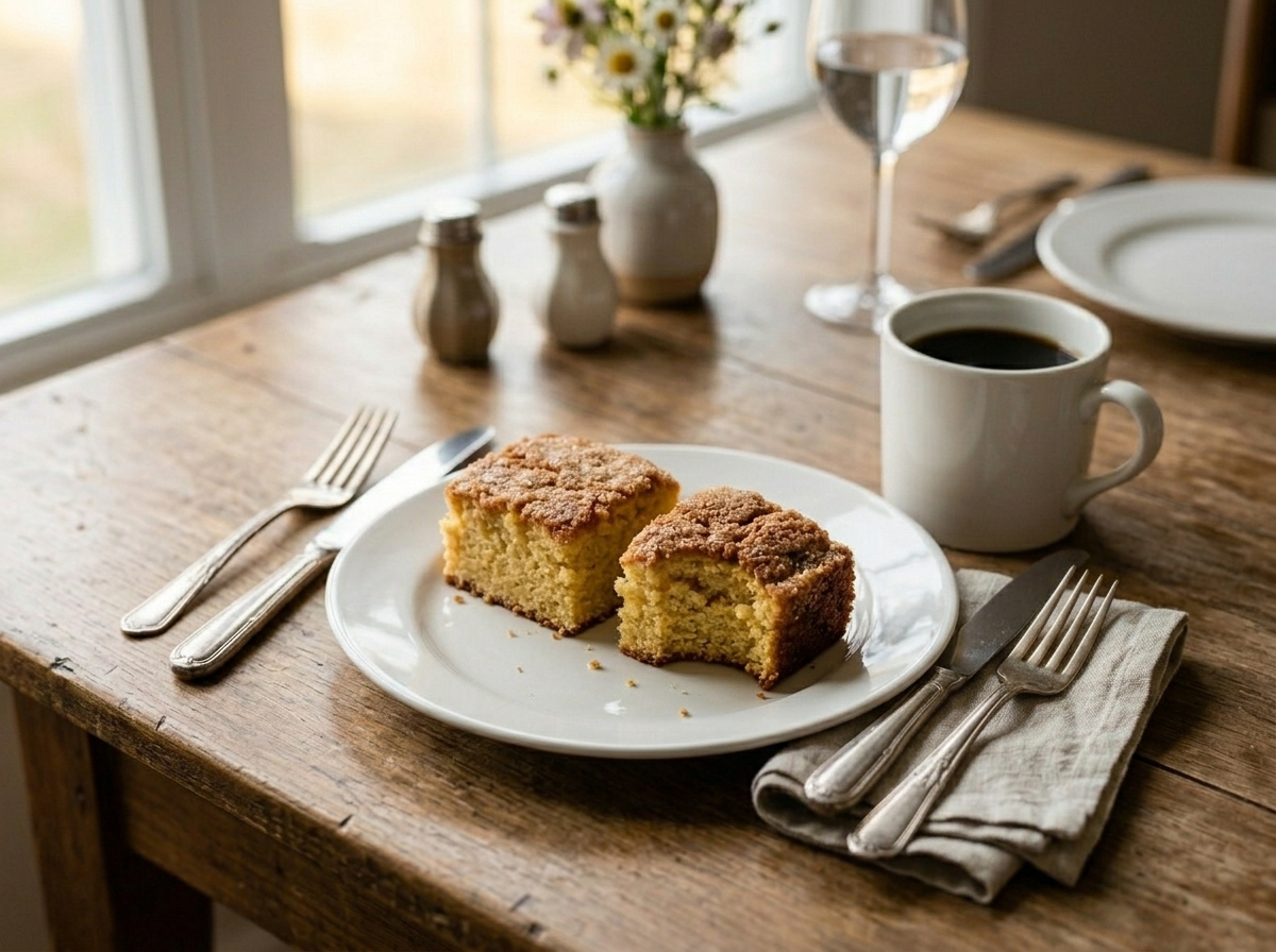 Two squares of buttermilk sugar cake on a white plate beside a mug of black coffee showing soft interior crumb
