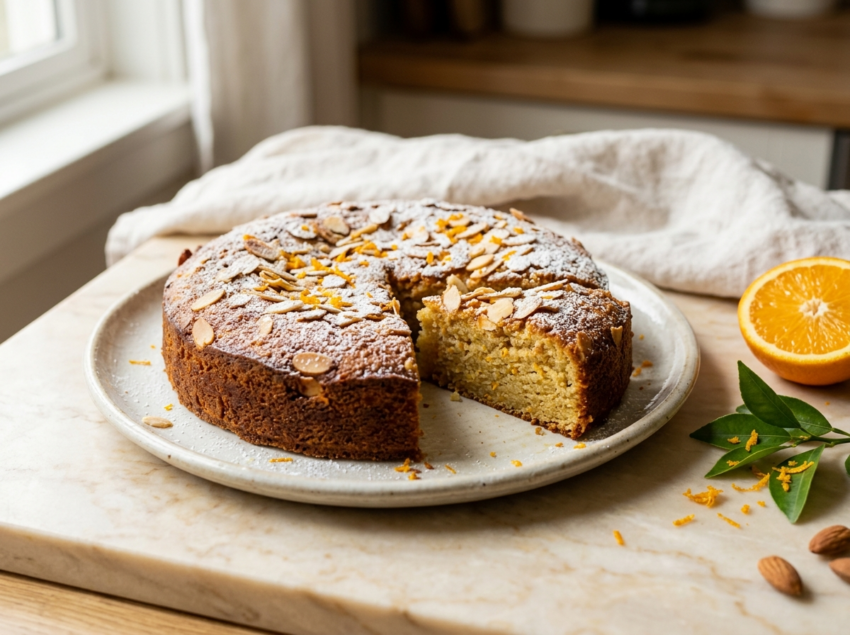 Whole Spanish almond olive oil cake on a ceramic plate dusted with powdered sugar and flaked almonds, one slice cut to reveal moist golden crumb