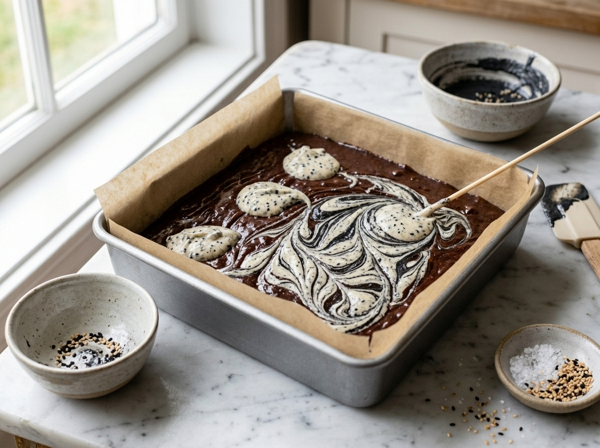 Wooden skewer swirling black sesame cream cheese through dark chocolate brownie batter in a parchment-lined pan