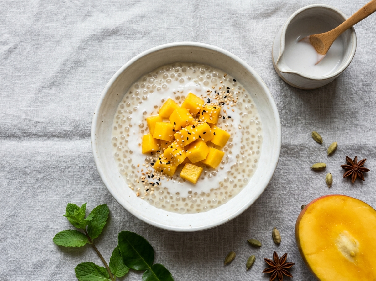 Two bowls of coconut tapioca pudding topped with fresh mango cubes and coconut cream drizzle on grey linen