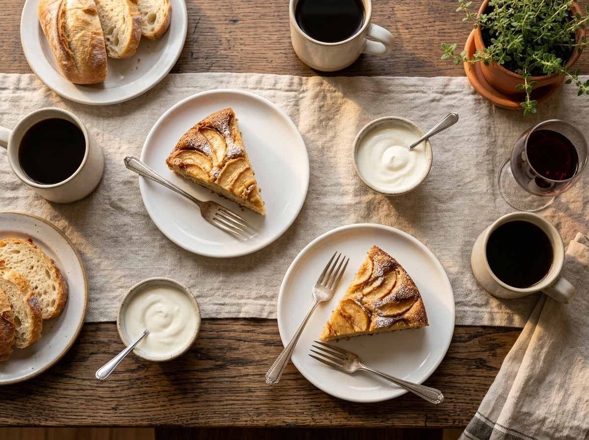 Two slices of French apple yogurt cake on white plates with coffee and a spoonful of plain yogurt alongside