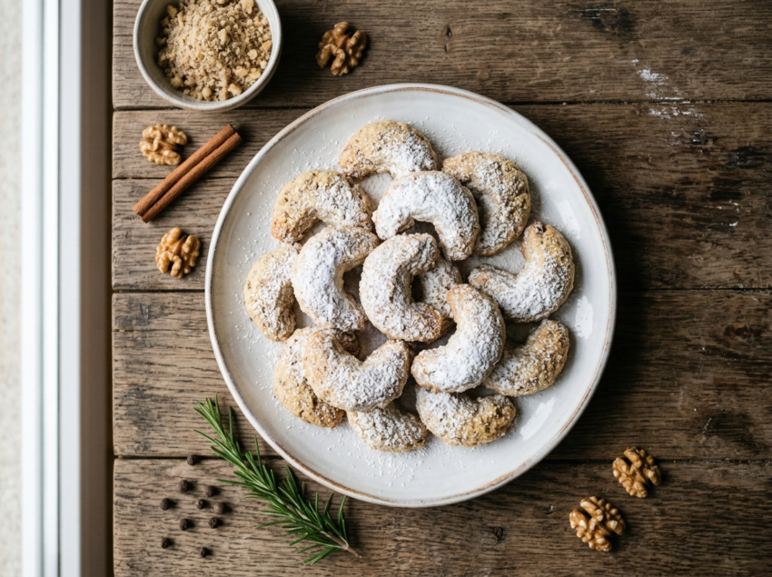 Croatian walnut crescent cookies heavily dusted with powdered sugar on a rustic wooden board with walnut halves and cinnamon