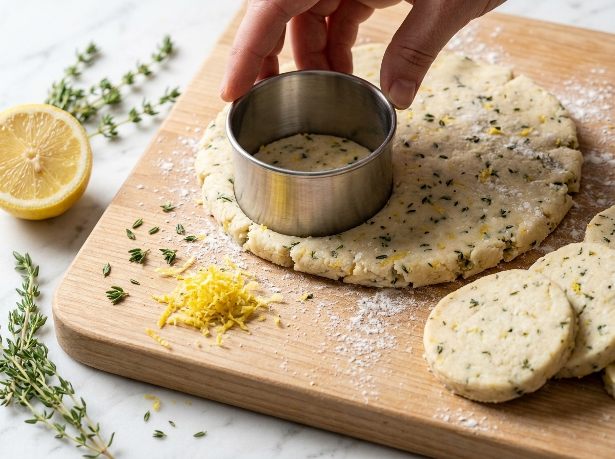Round lemon thyme cookie dough cuts on a floured wooden board with visible thyme leaves and zest