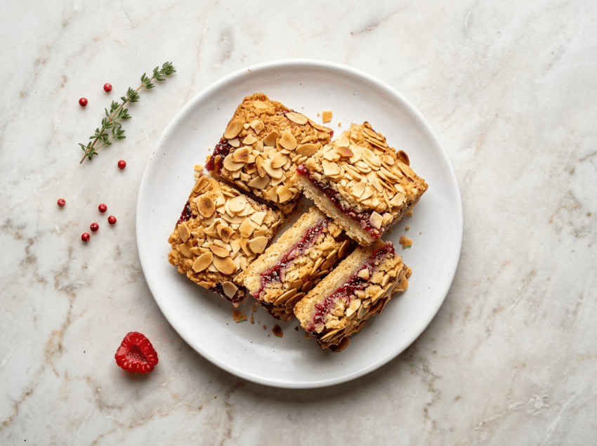 Raspberry almond tea bars on marble surface showing golden almond topping, sliced almonds, and visible raspberry jam layer