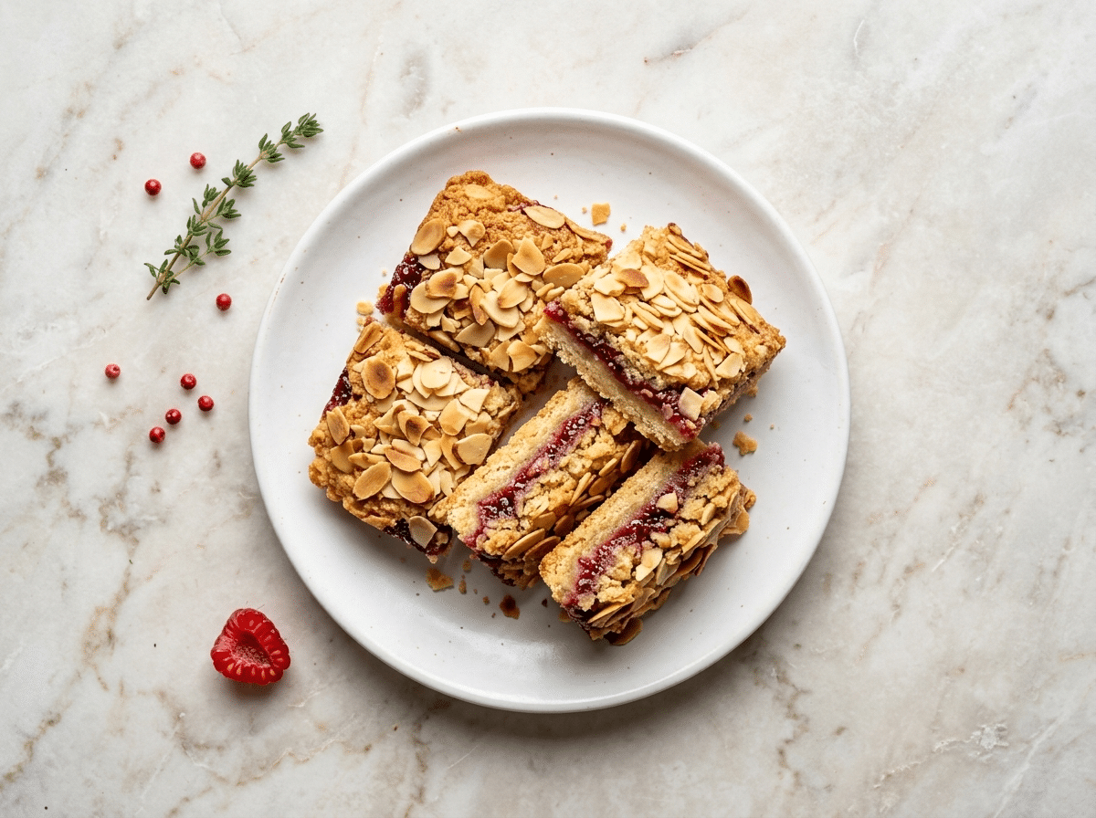 Raspberry almond tea bars on marble surface showing golden almond topping, sliced almonds, and visible raspberry jam layer