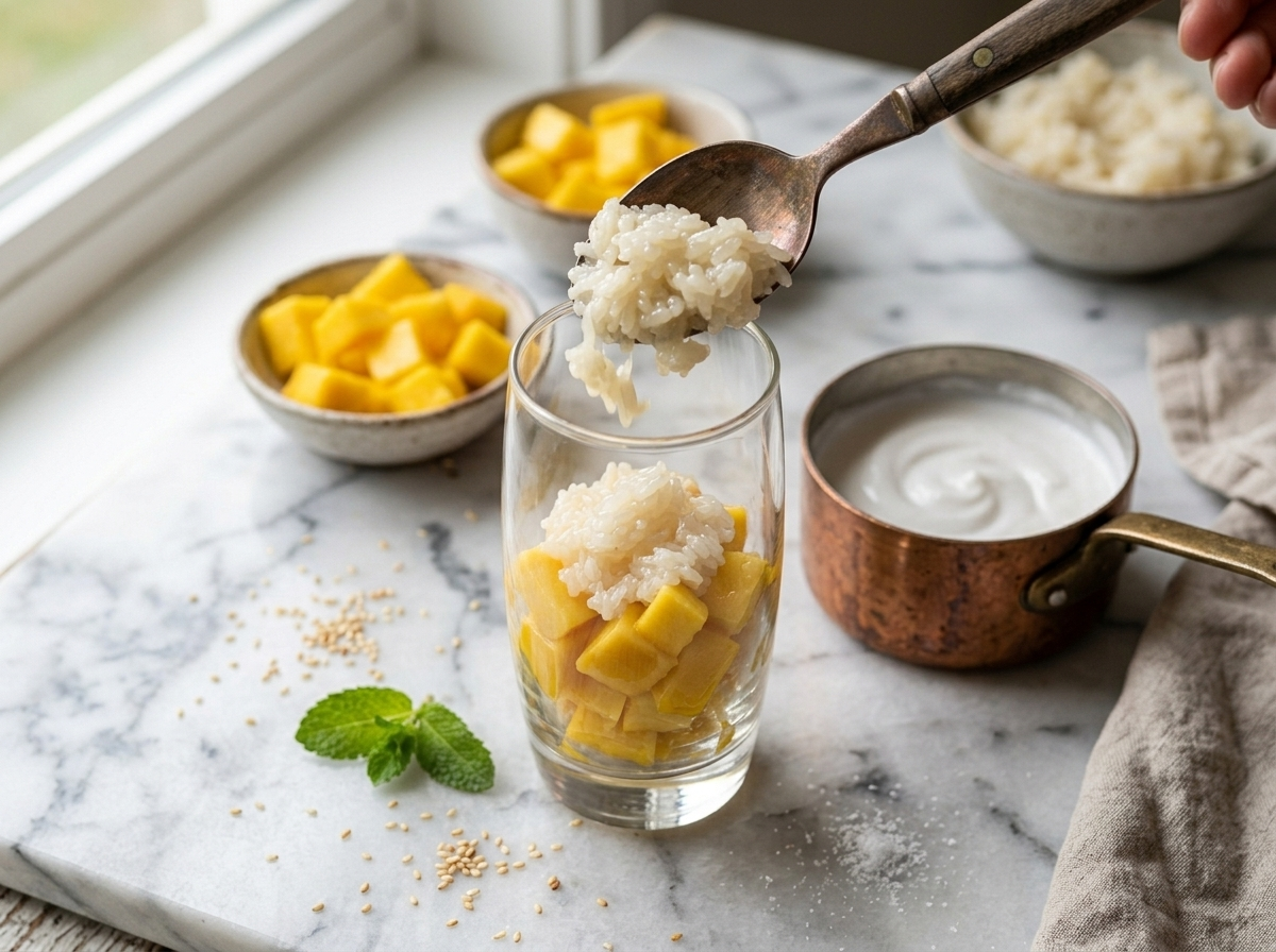 Spooning coconut sticky rice into a glass parfait with mango layers visible through the side on a marble surface