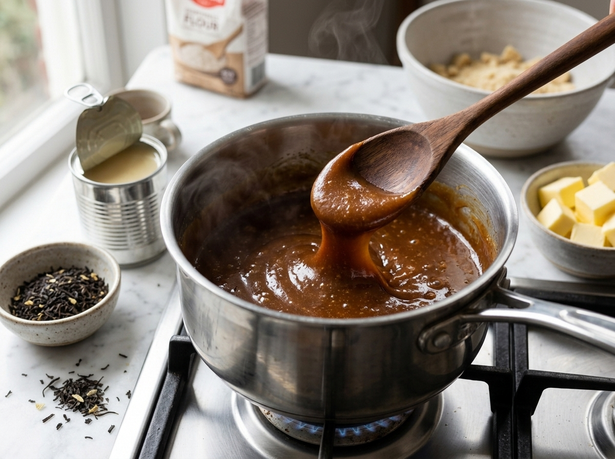 Thick amber Earl Grey caramel being stirred with a wooden spoon in a heavy saucepan on the stovetop