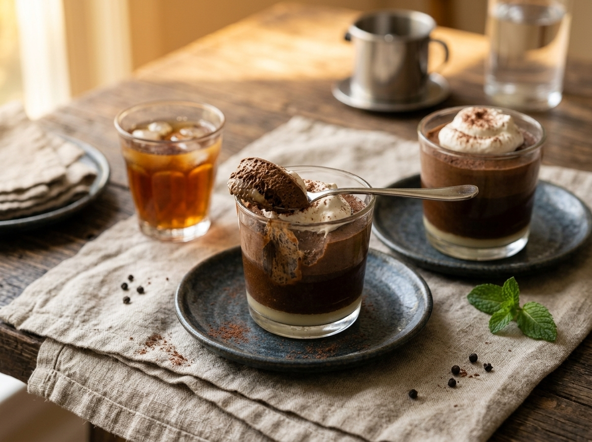 Two served Vietnamese coffee mousse cups on a linen table with a spoon resting against one open portion
