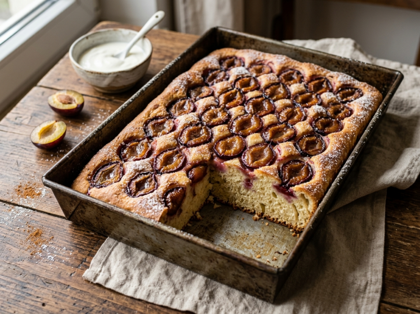 Polish plum yeast cake in a baking tin with rows of halved prune plums and powdered sugar dusting on a wooden table.