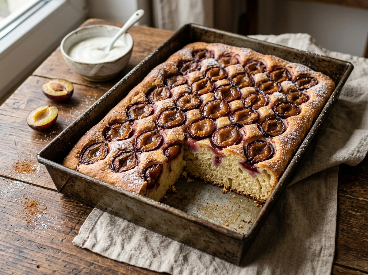 Polish plum yeast cake in a baking tin with rows of halved prune plums and powdered sugar dusting on a wooden table.