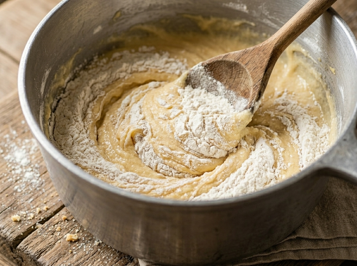 Metal spoon folding flour into creamed butter batter for a classic Victoria jam sponge cake