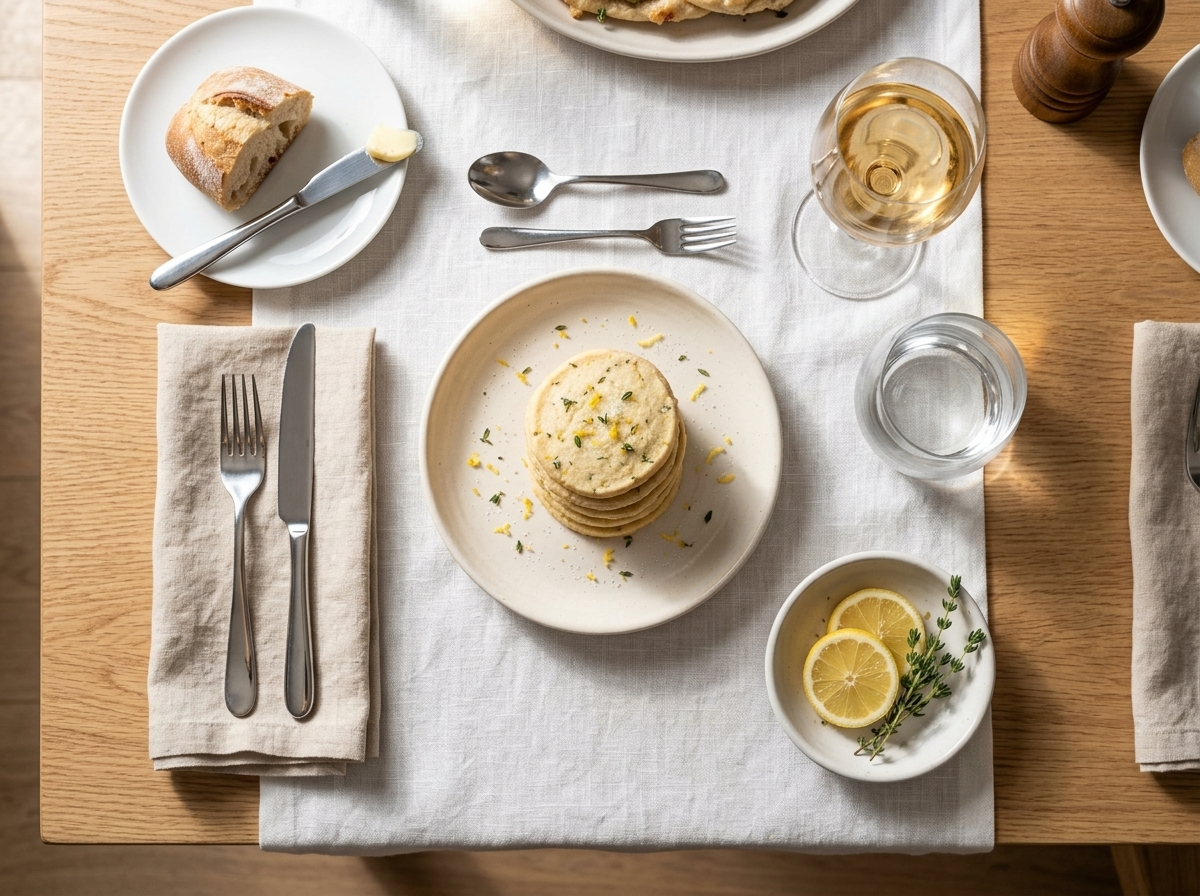 Plate of golden lemon thyme cookies beside a teacup on an oak table with thyme sprigs and lemon slices