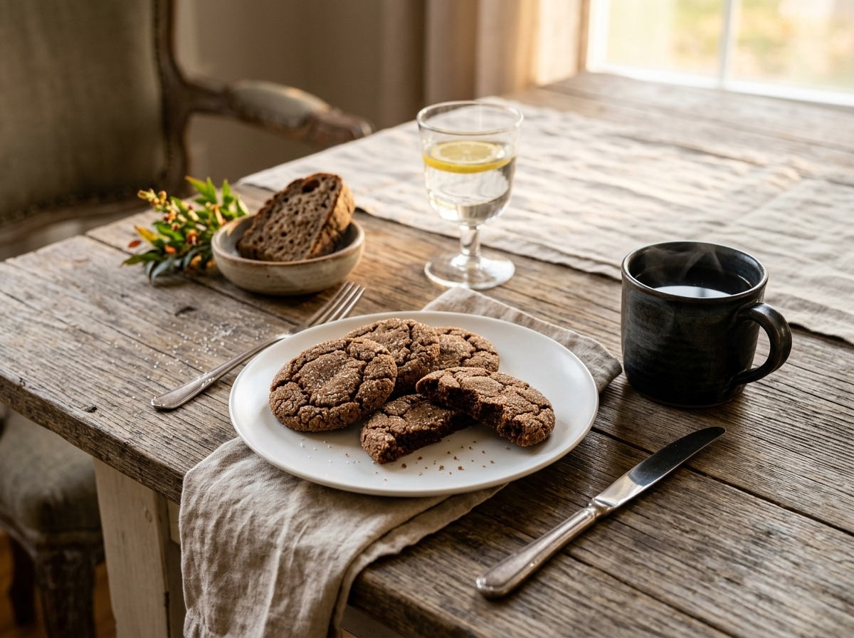Vintage molasses cookies on a white plate beside a mug of coffee, one broken open to show chewy dark interior