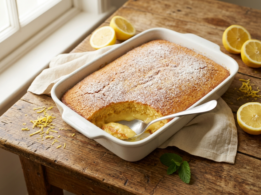 Grandma lemon pudding cake in a white ceramic dish with golden sponge top and creamy custard layer visible