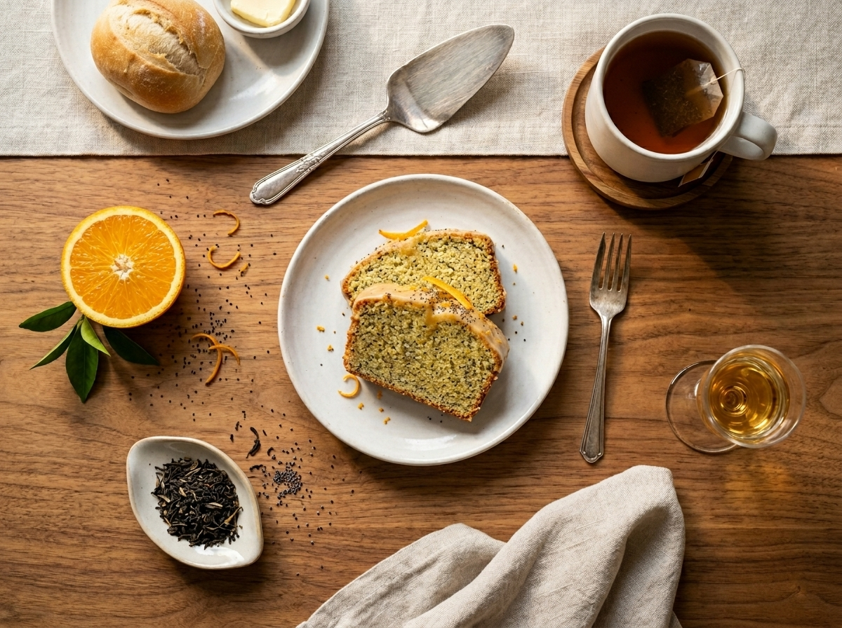 Two slices of glazed orange poppy seed loaf cake on a plate beside a mug of Earl Grey tea