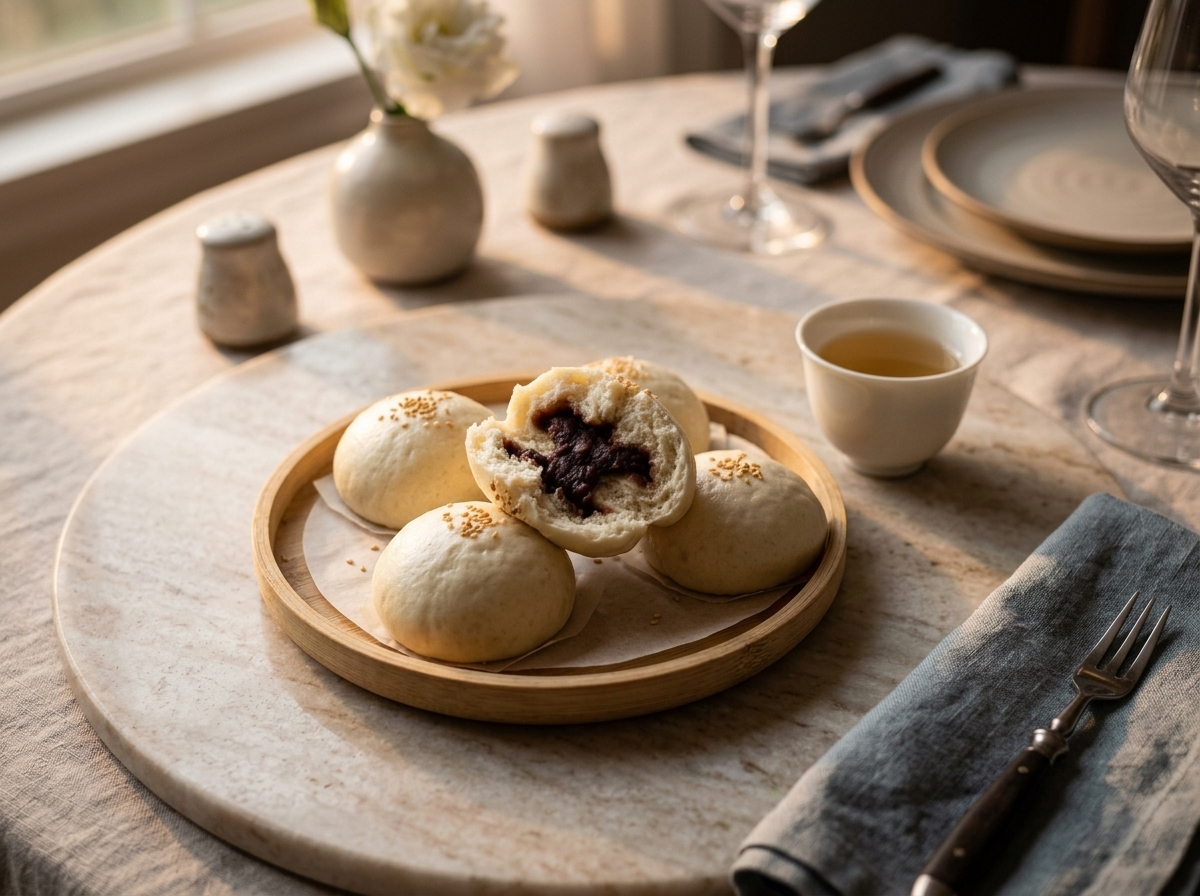 Sweet red bean steamed buns on a bamboo plate with jasmine tea, one bun split open showing smooth filling