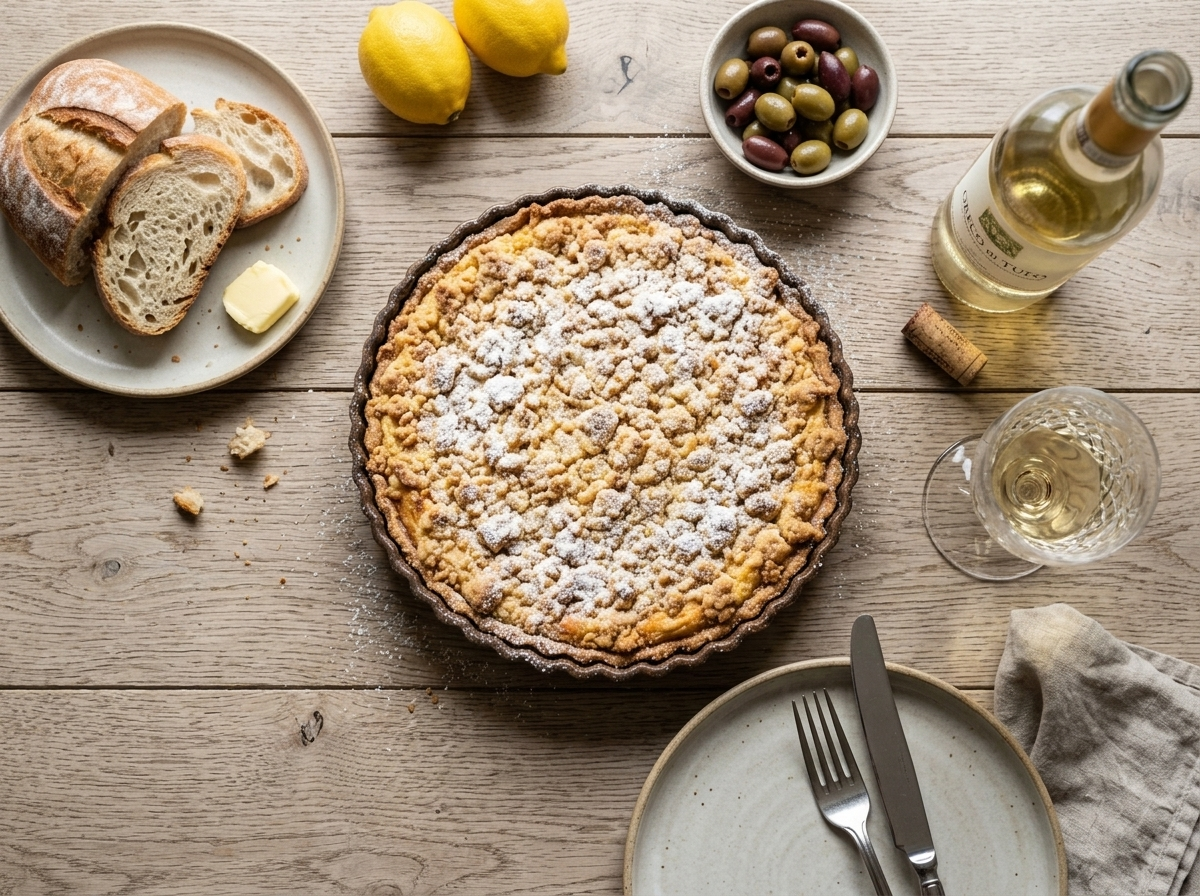 Single slice of Italian ricotta crumb pie on a ceramic plate beside an espresso cup