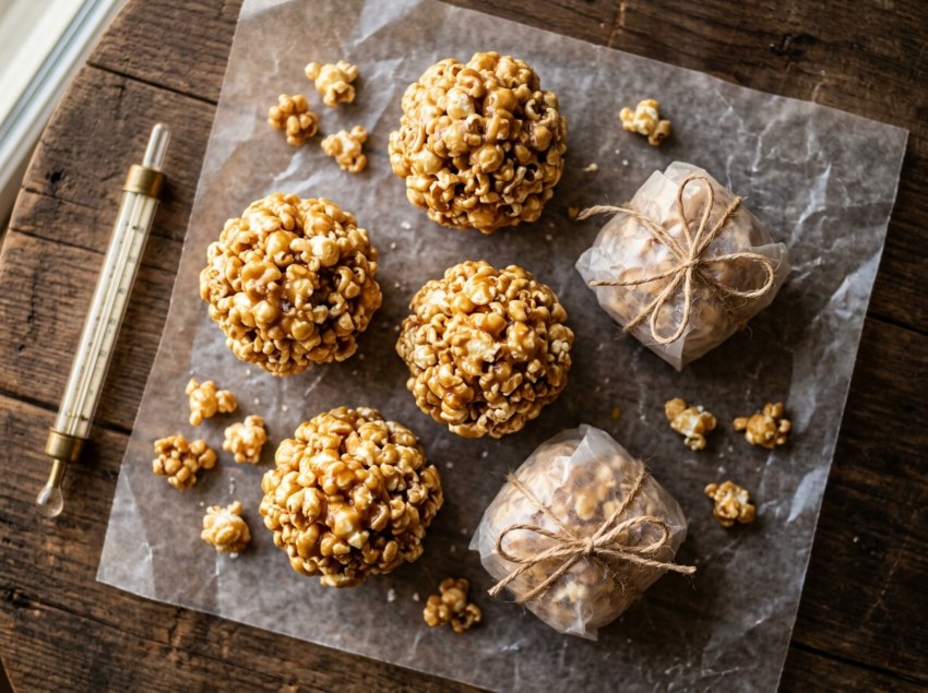 Six vintage caramel popcorn balls on wax paper, some tied with twine, golden brown coating on a walnut surface
