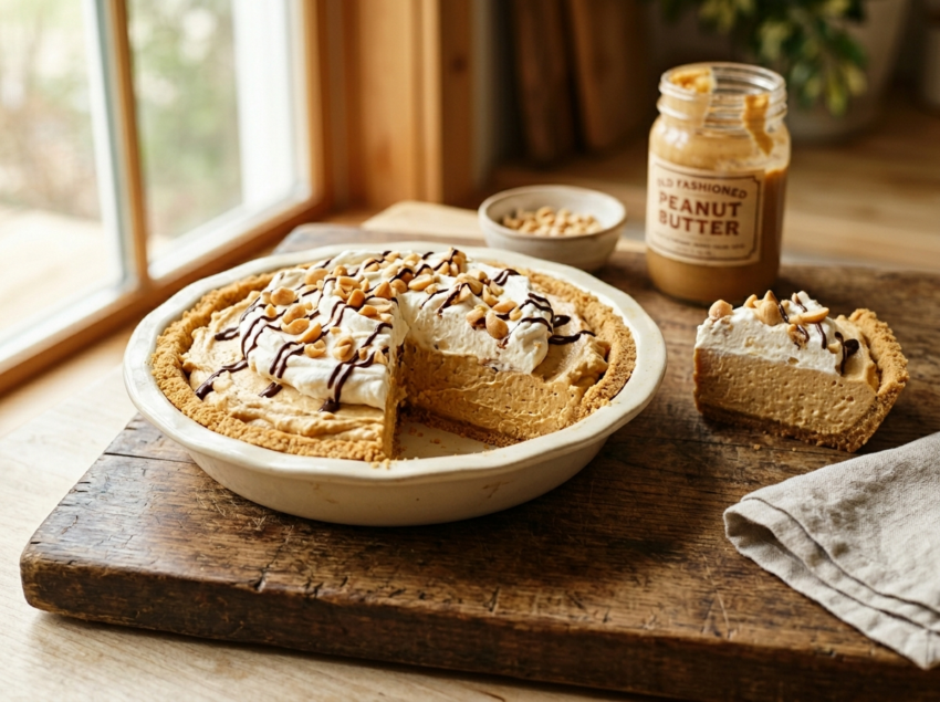 Old fashioned peanut butter pie in a ceramic dish with one slice cut, showing creamy filling and graham cracker crust