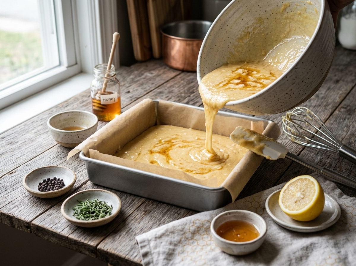 Glossy honey butter mochi batter being poured into a parchment-lined metal baking pan on a marble counter