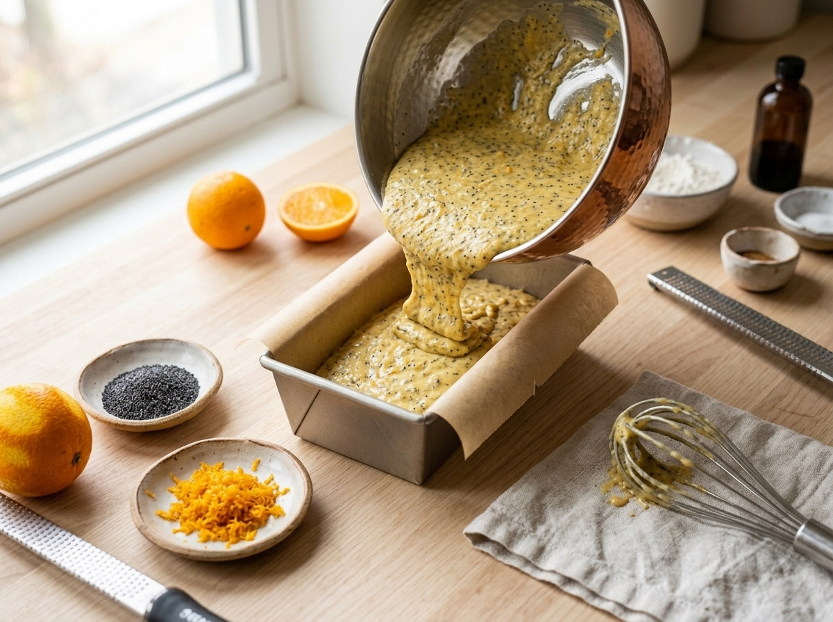 Orange poppy seed cake batter with visible zest and seeds being poured into a parchment-lined loaf pan