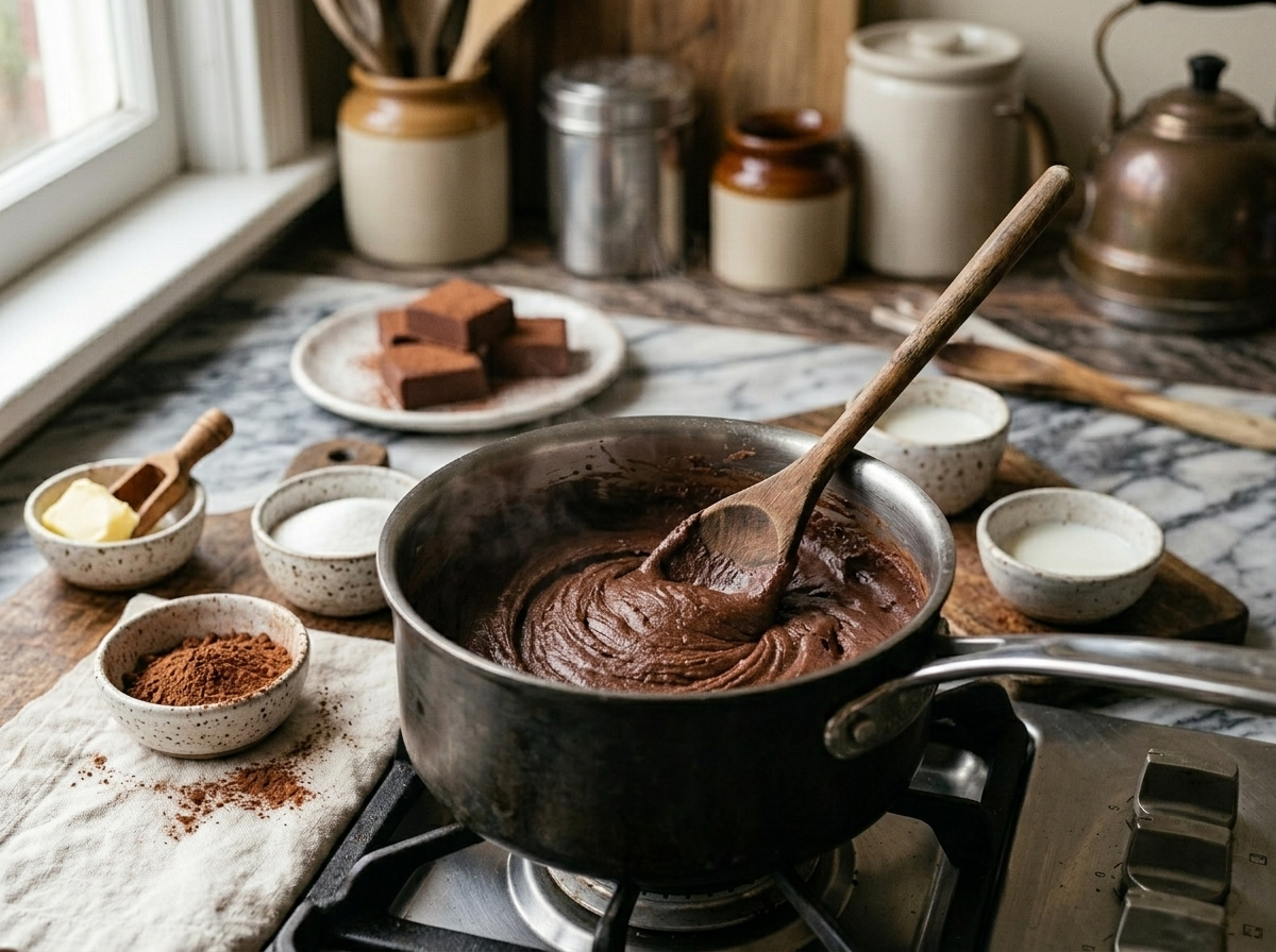 Wooden spoon beating thick dark cocoa fudge mixture in a saucepan until it turns matte and stiff