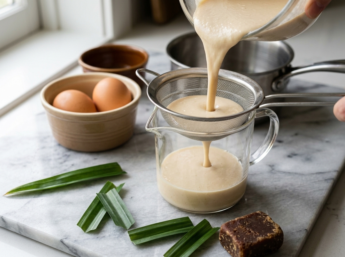 Straining smooth coconut egg custard mixture through a fine-mesh sieve into a glass jug for sangkaya