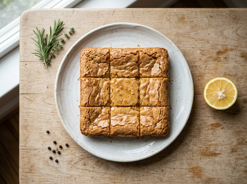 Honey butter mochi cake squares on a white plate with golden crackled top and jar of honey on wooden surface