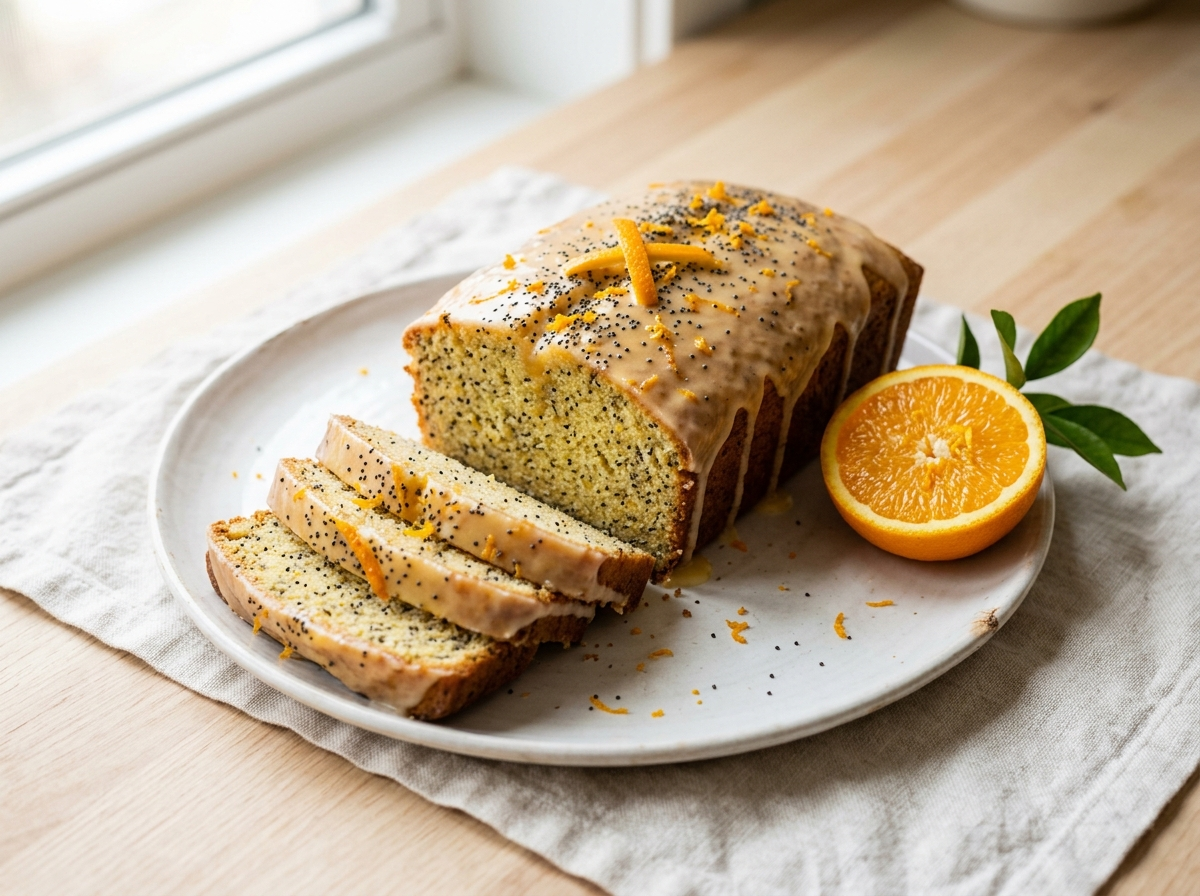 Whole orange poppy seed tea cake with citrus glaze and three cut slices on a white plate, wooden surface