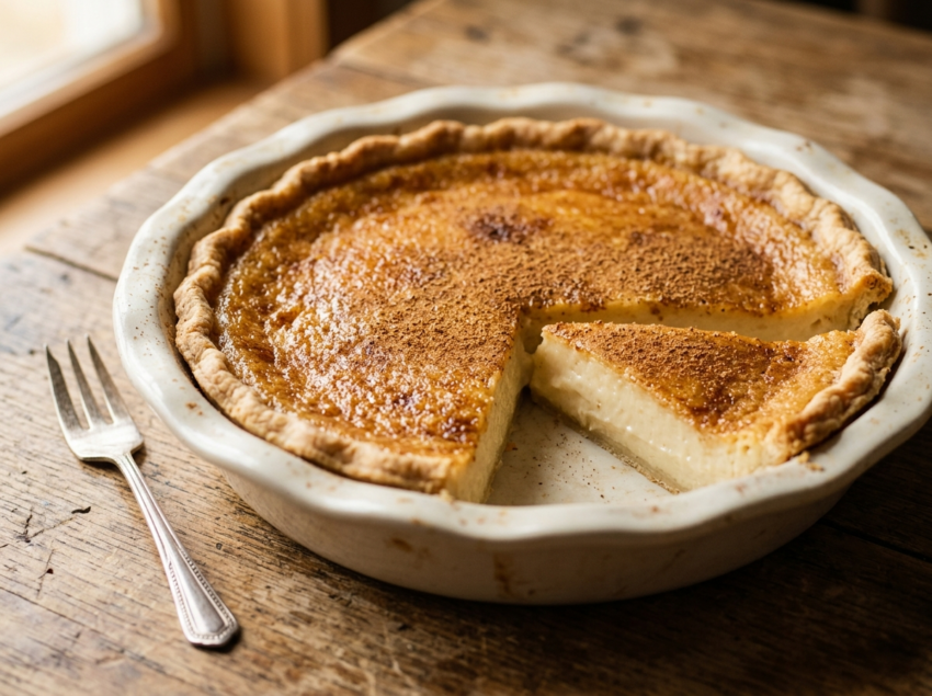 Classic sugar cream pie with cinnamon-dusted top in a ceramic dish, one slice removed to show creamy filling