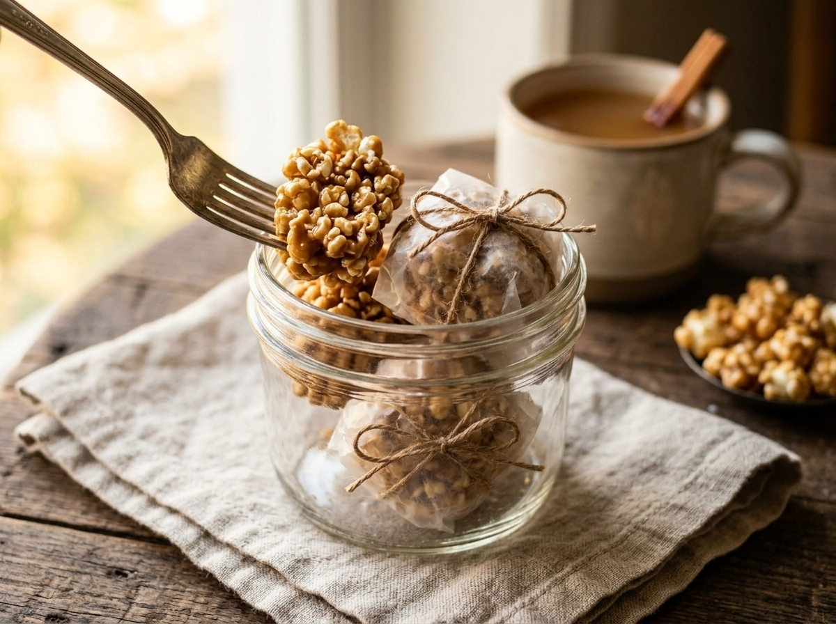 Three wax-paper-wrapped caramel popcorn balls in a mason jar beside a mug of apple cider on a linen cloth